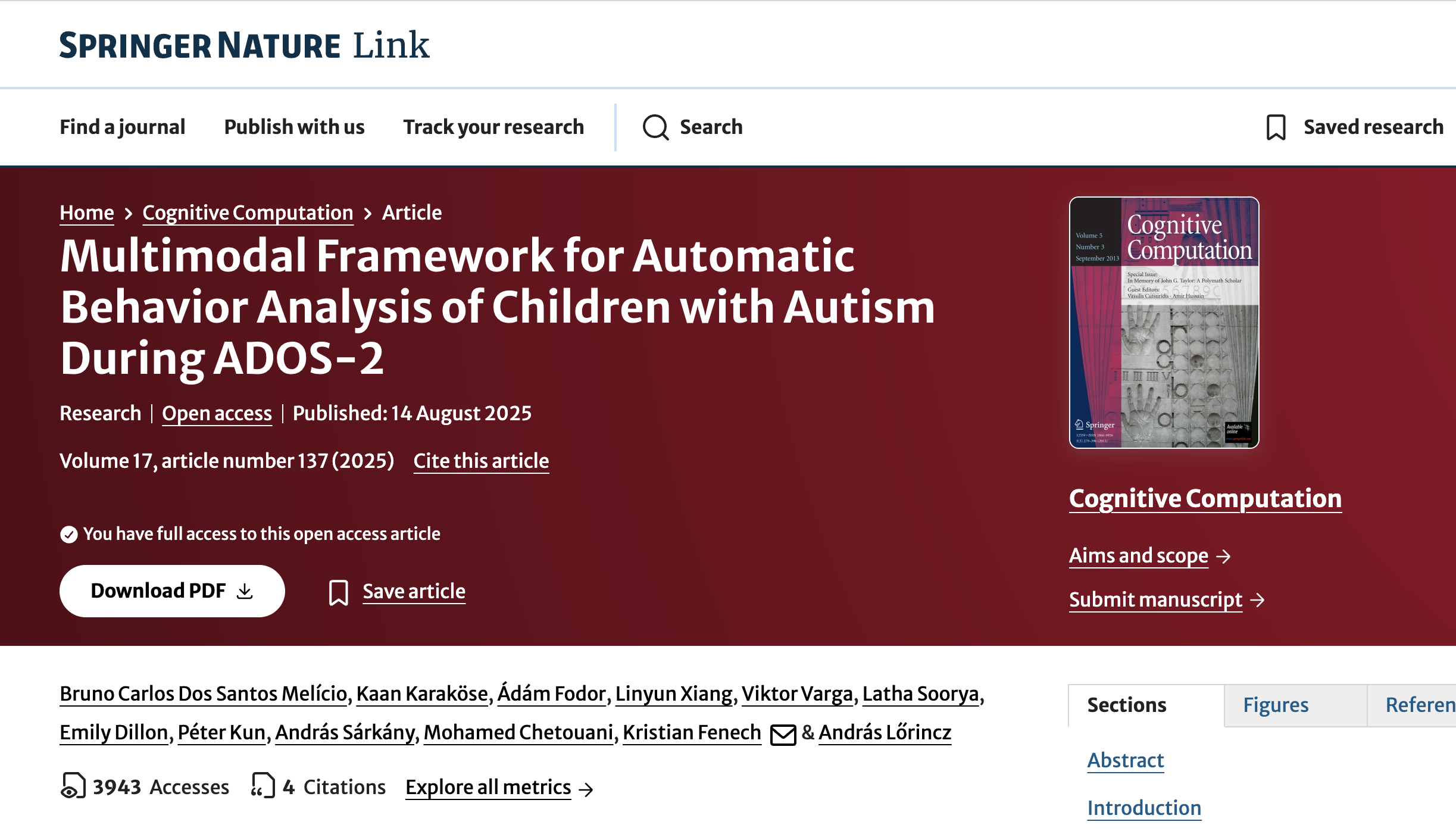 Multimodal Framework article in Cognitive Computation